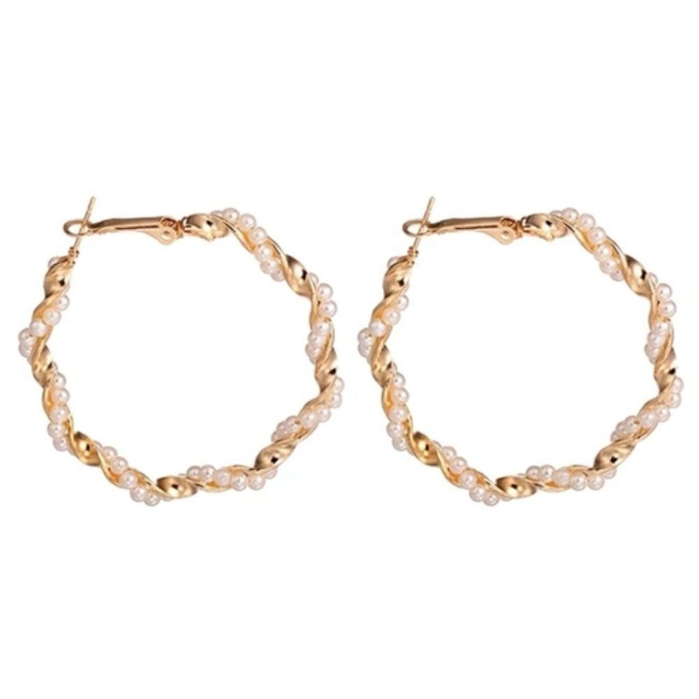 White Pearl Twisted Hoop Gold Statement Earrings